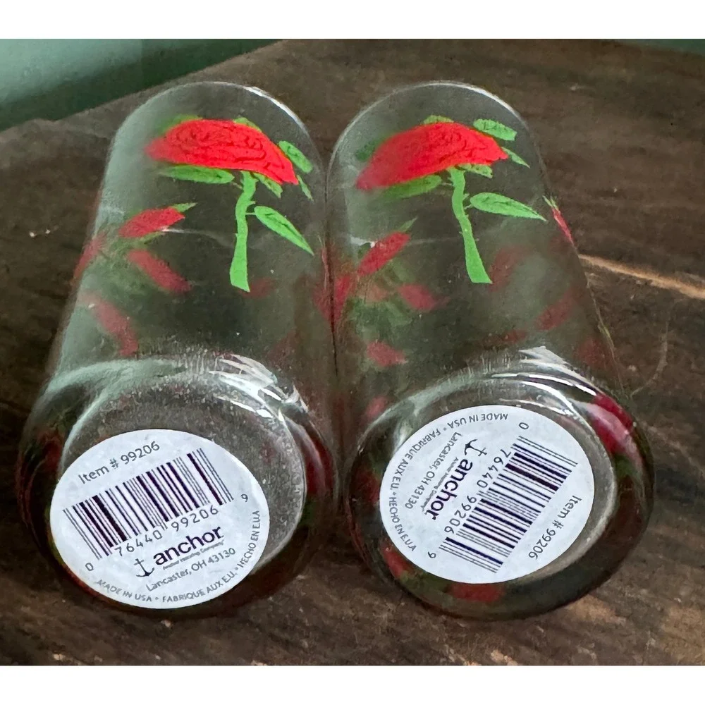 Pair of Anchor Hocking Red Trailing Roses Highball Glasses Tumblers NOS